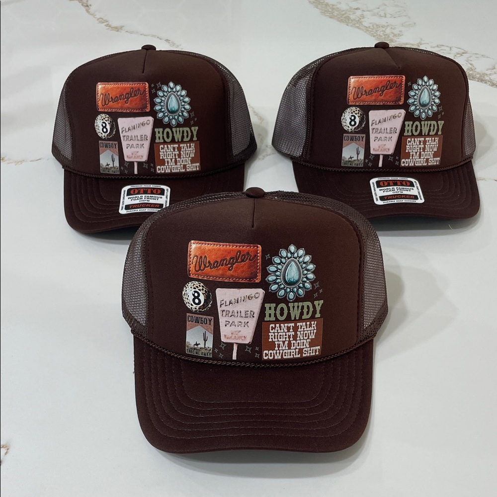 Cowgirl Sh!t Wrangler Dark Brown Trucker Hat with Graphics